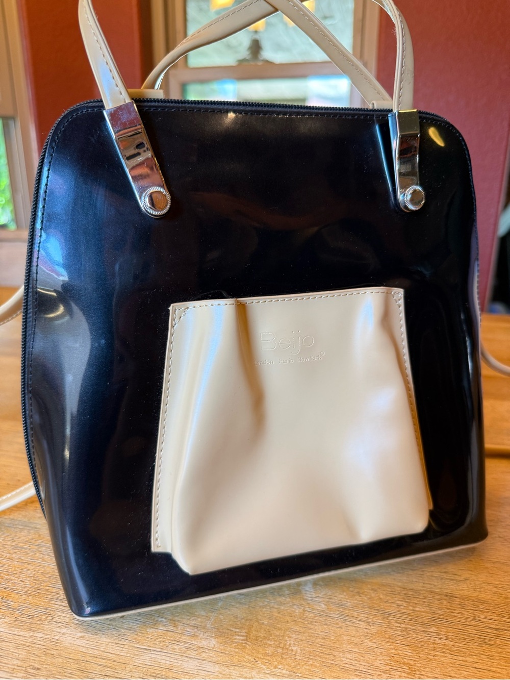Beijo Black and Cream Patent Satchel with Front Pocket